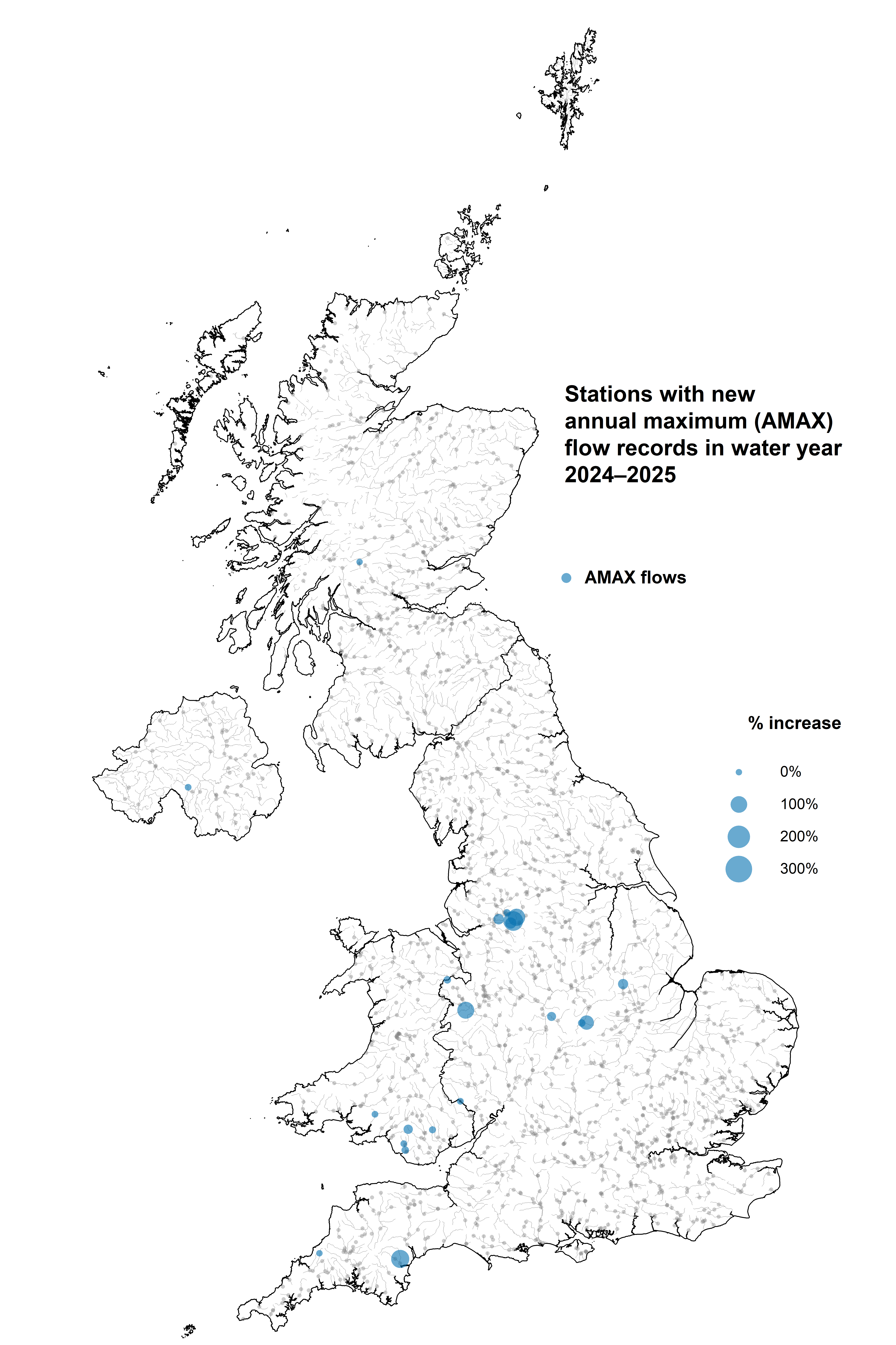 Map showing UK gauging stations with new record high and low flows during the 2024/2025 water year