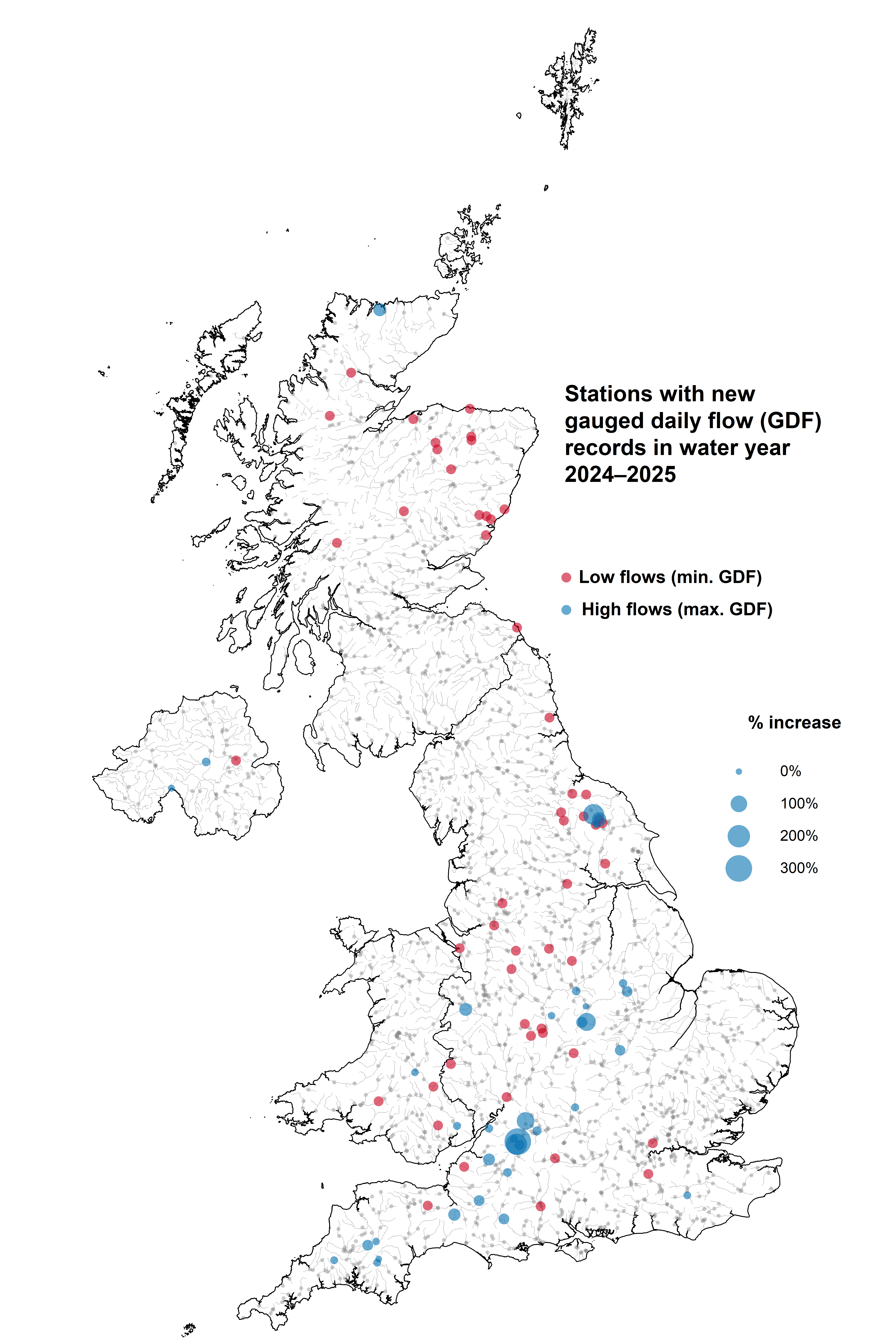 Map showing UK gauging stations with new record high and low flows during the 2024/2025 water year