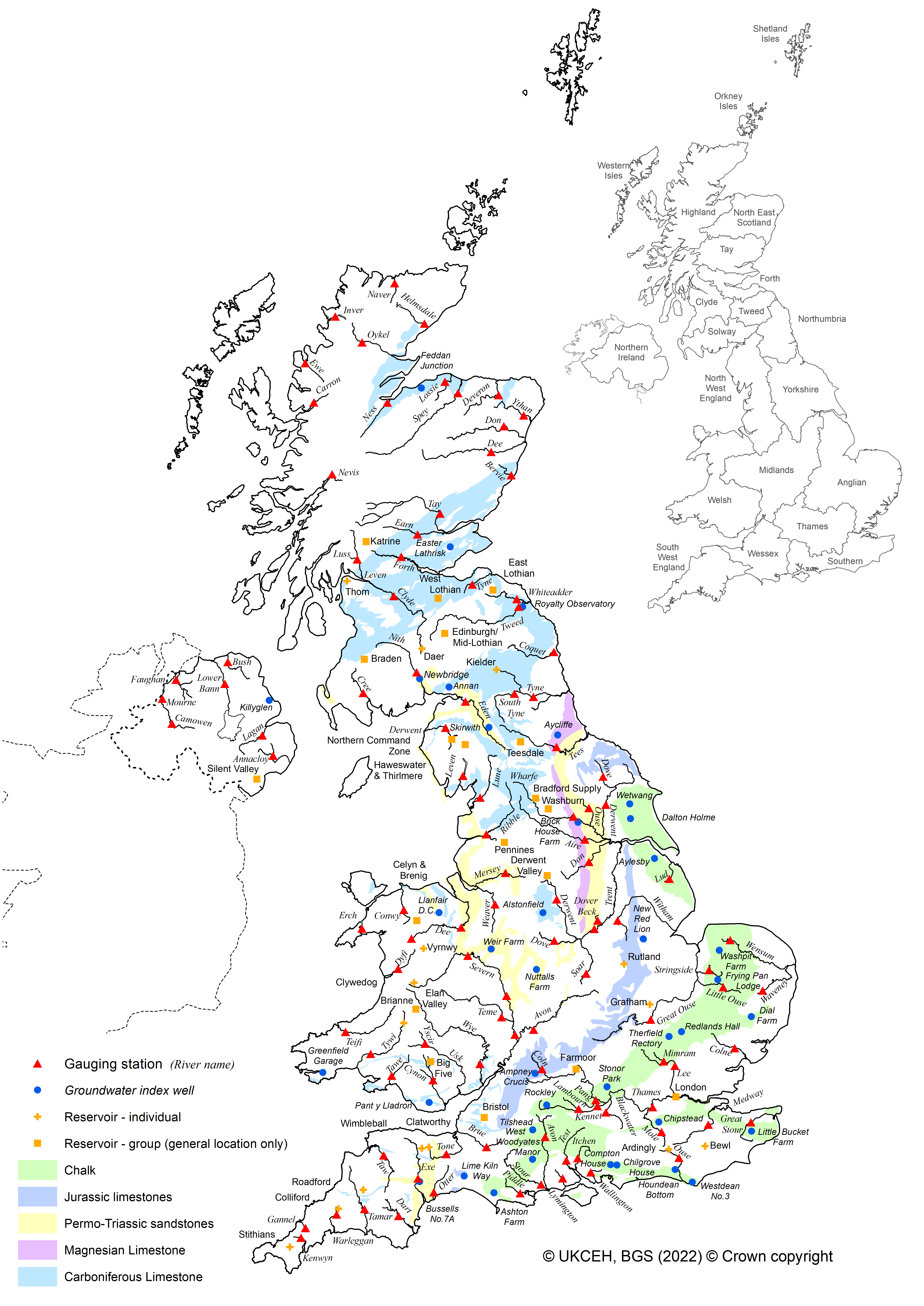 Map of the UK showing the sites used in the UK Hydrological Summary