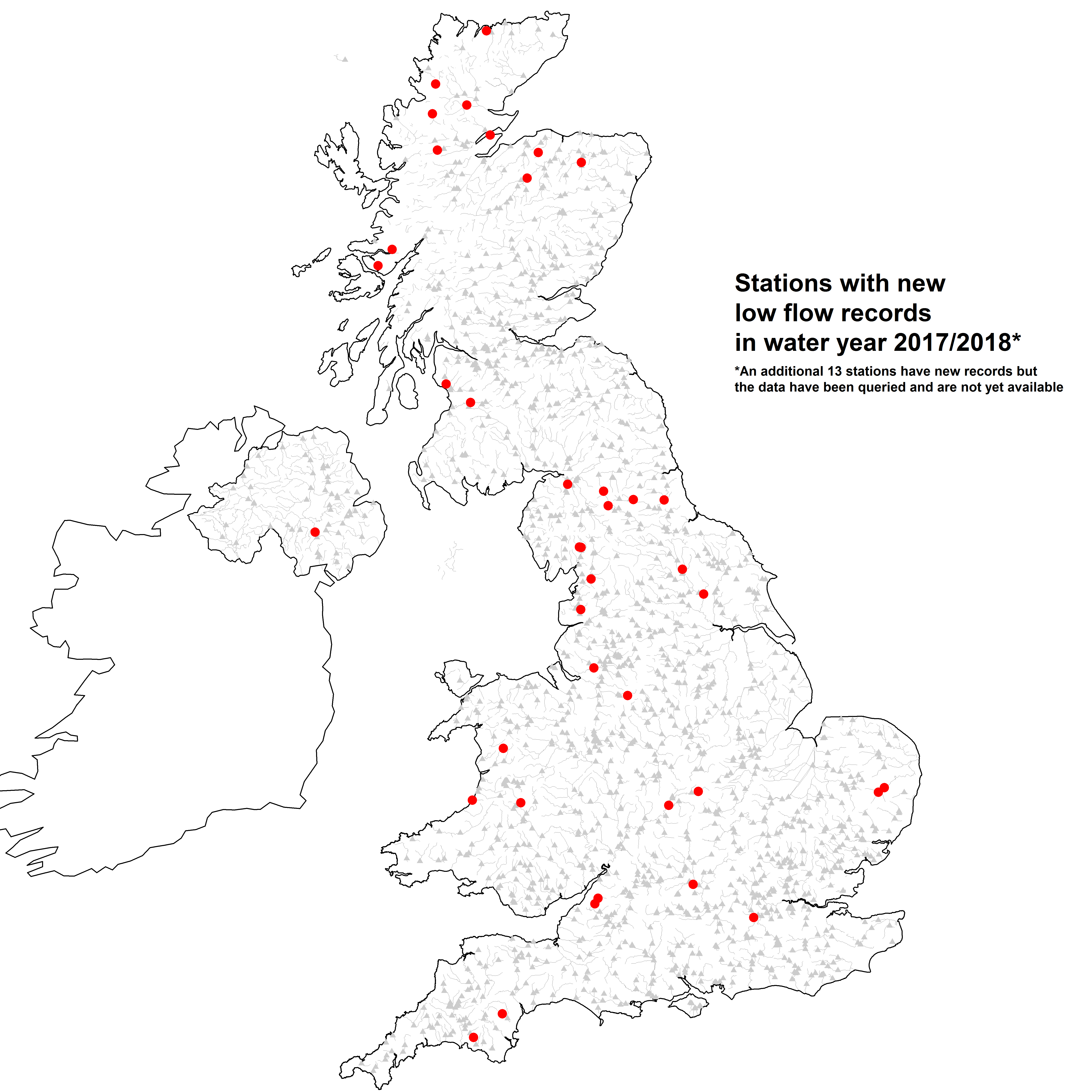 Map of the UK showing 40 NRFA gauging stations that recorded record low flows in Water Year 2017/2018
