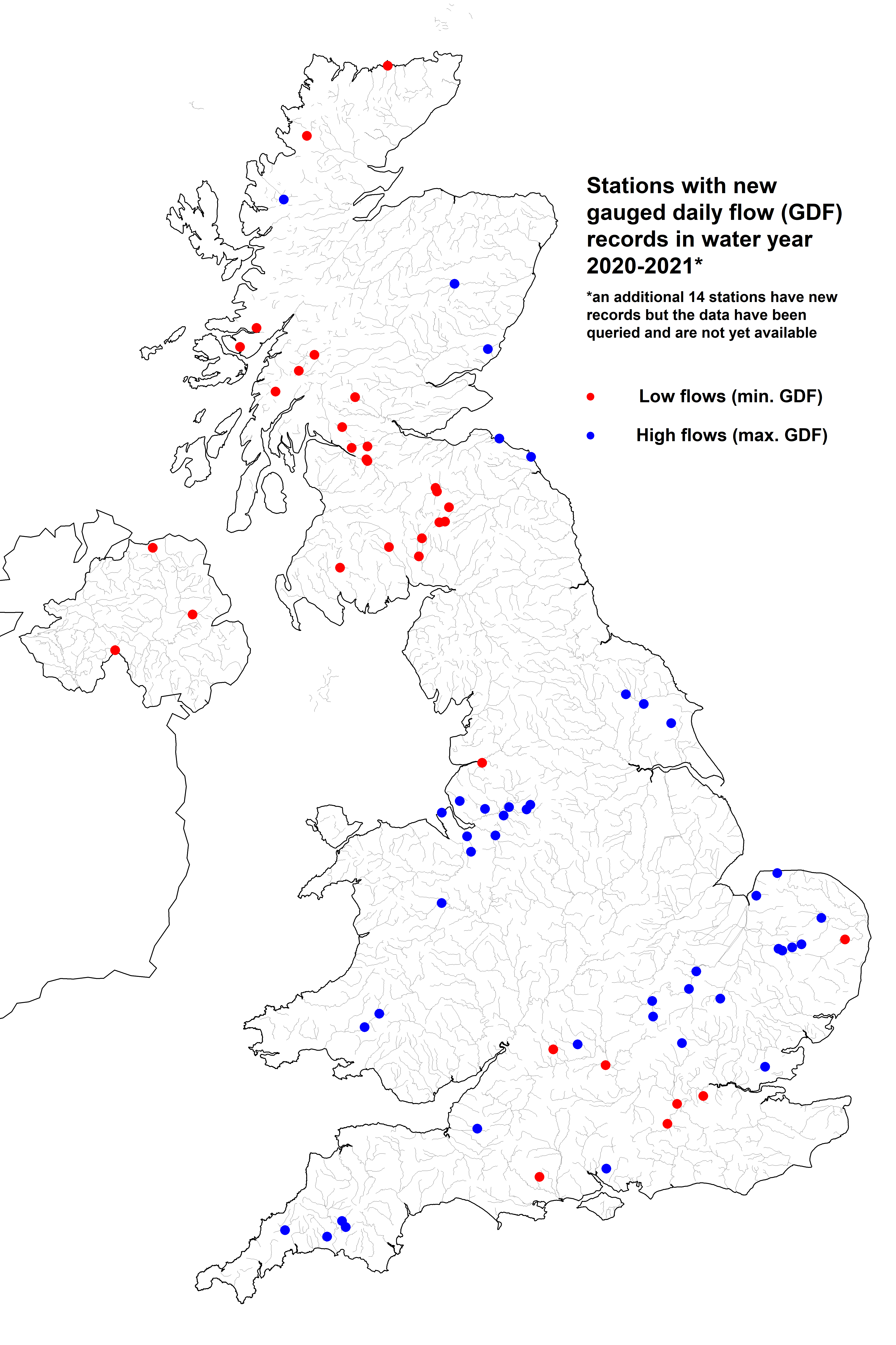 Map showing the high and low flow records in WY20/21 data accross the UK