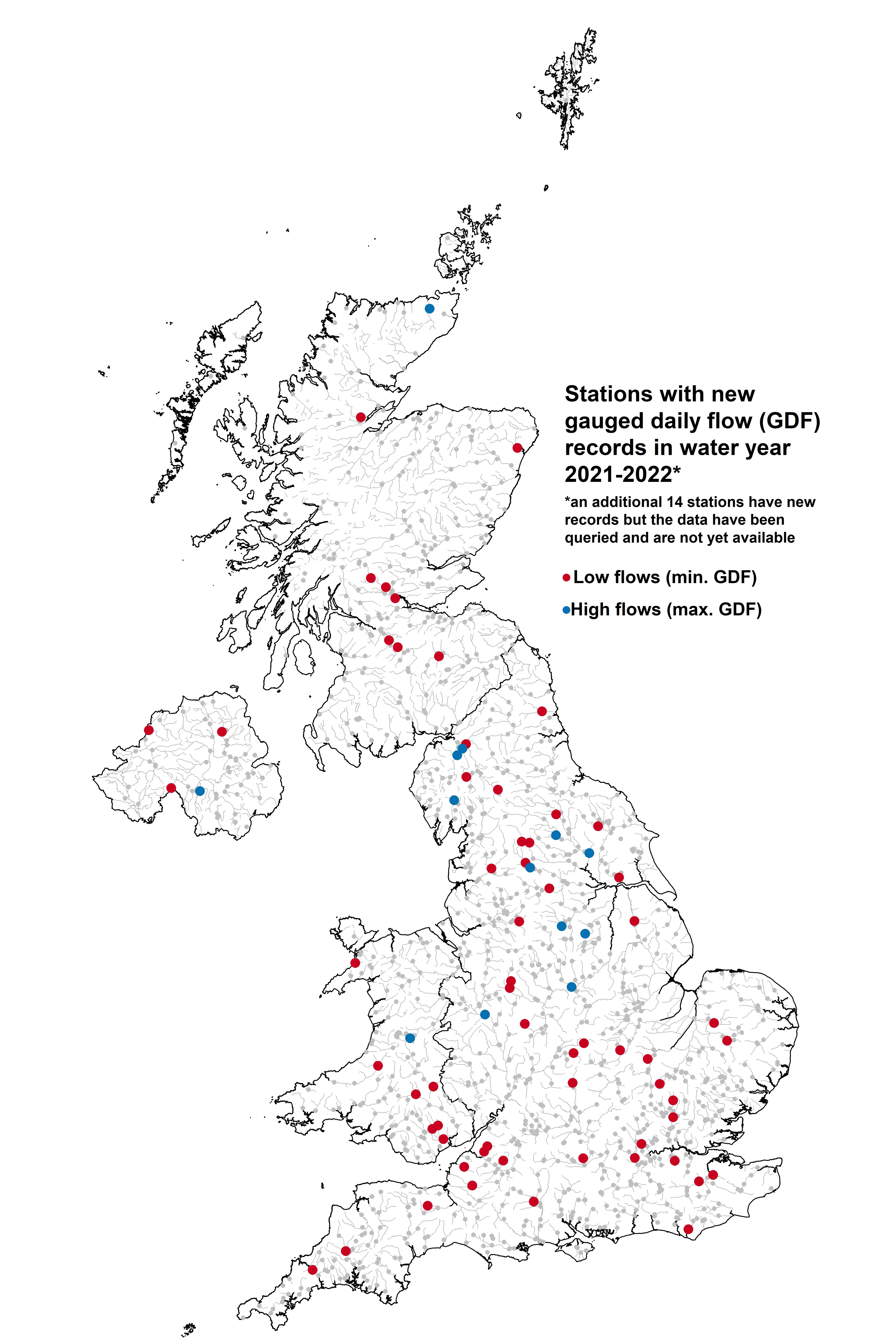 A map showing the new highest and lowest records in the UK in the Water Year 2021/2022