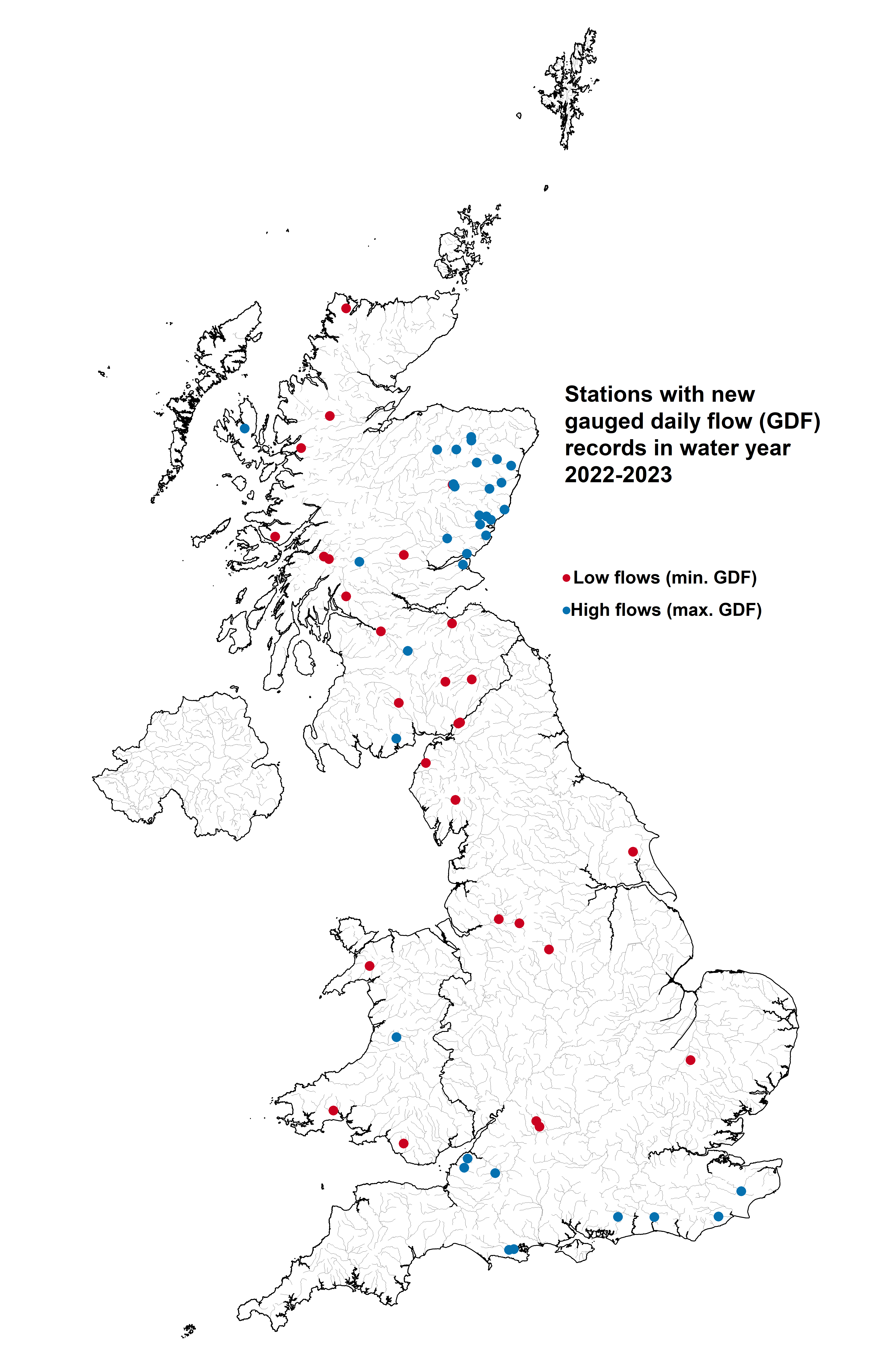 A map showing the new highest and lowest records in the UK in the Water Year 2022/2023