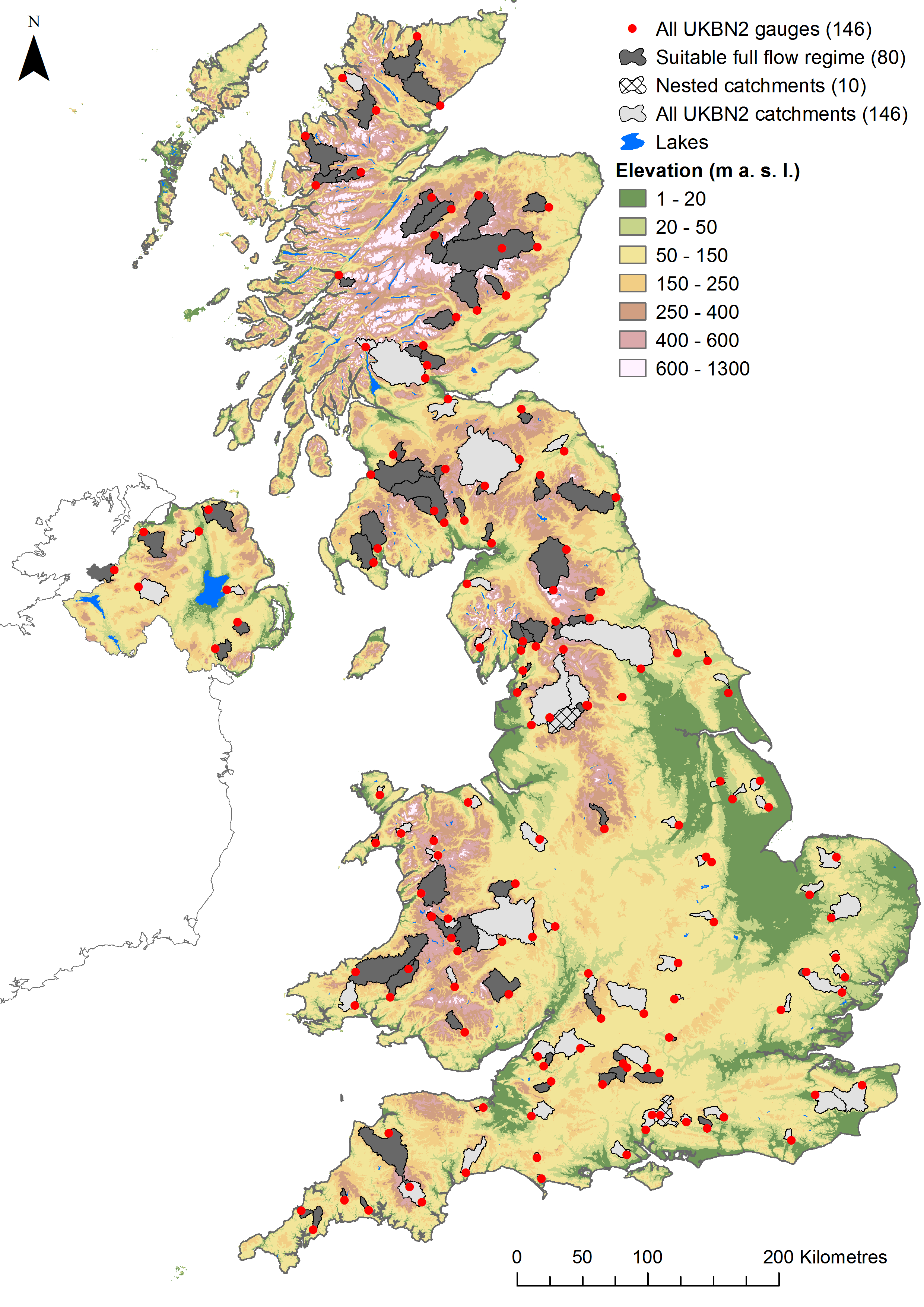Map of the UK showing the location and catchment area of the 146 Benchmark Network gauges