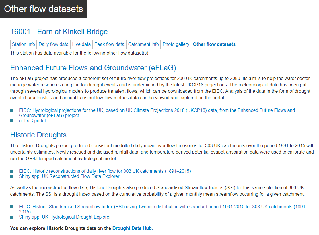 Other flow datasets tab screenshot for station 16001