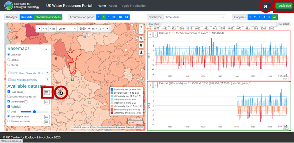 Screenshot of UKWRP showing new toggle size (a) and station list (b) buttons