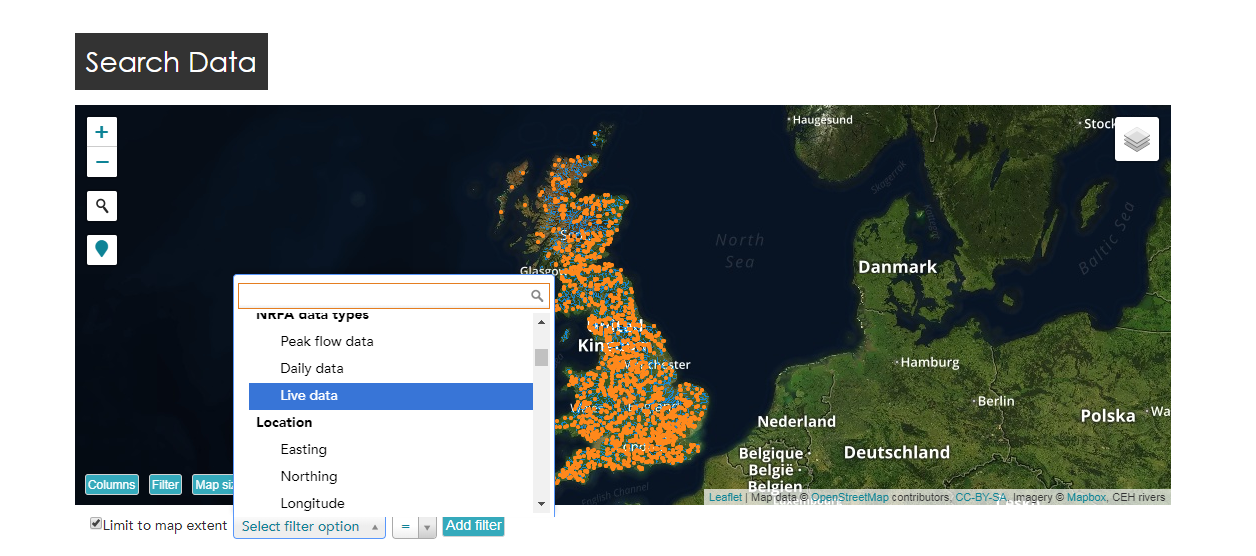 Screenshot of NRFA search page filtered on live data stations