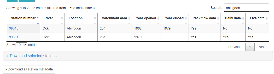 Screenshot of NRFA search page showing download all metadata button
