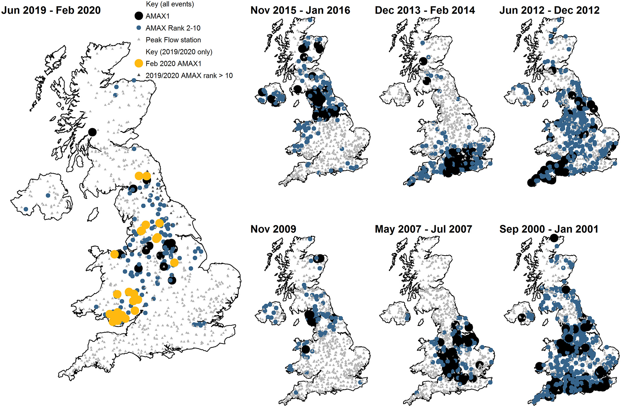 Figure from the paper showing the magnitude and spatial footprint of the events in 2019/2020 and previous major events in the last 20 years.