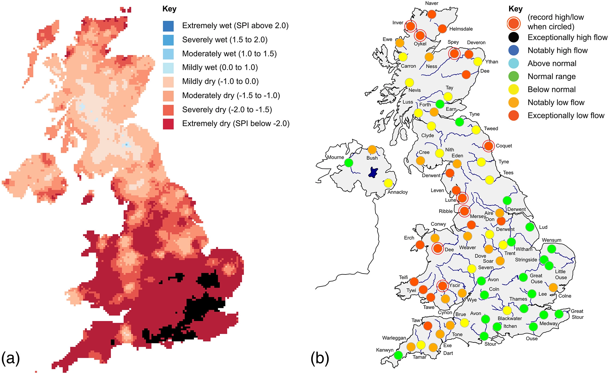 Figure from the paper showing (a) Standardised Precipitation Index (SPI-1) for June 2018. Black areas indicate SPI less than -4.0. (b) Mean river flows June–July 2018.