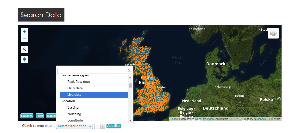Screenshot of NRFA search page filtered on Live Data stations