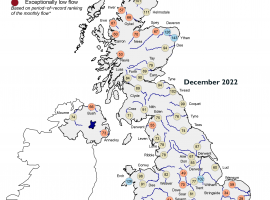 December 2022 Hydrological Summary map of the UK. Normal to below normal flows for the UK 