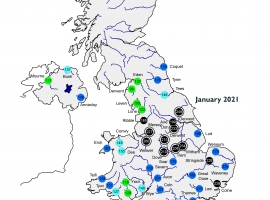 Map showing mean river flows for the UK during January 2021