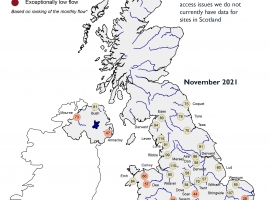 Map showing monthly mean river flows for November 2021 in the UK.