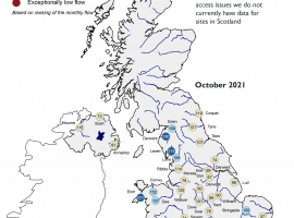 Map showing monthly mean river flows for October 2021 in the UK.