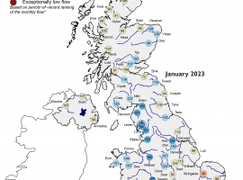 January 2023 Hydrological Summary map of the UK. Above average flows accross most of the country