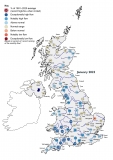 January 2023 Hydrological Summary map of the UK. Above average flows accross most of the country
