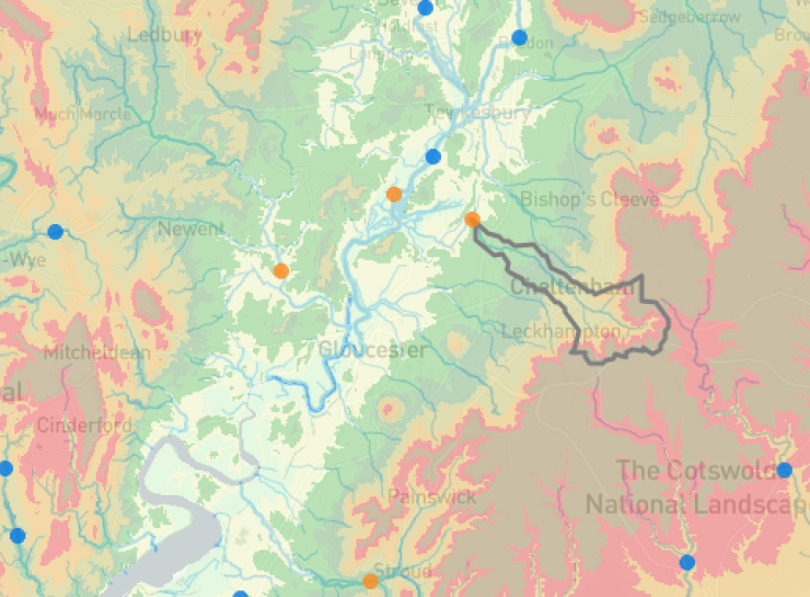 Screenshot from the NRFA Search Page showing a catchment boundary, gauging stations and elevation